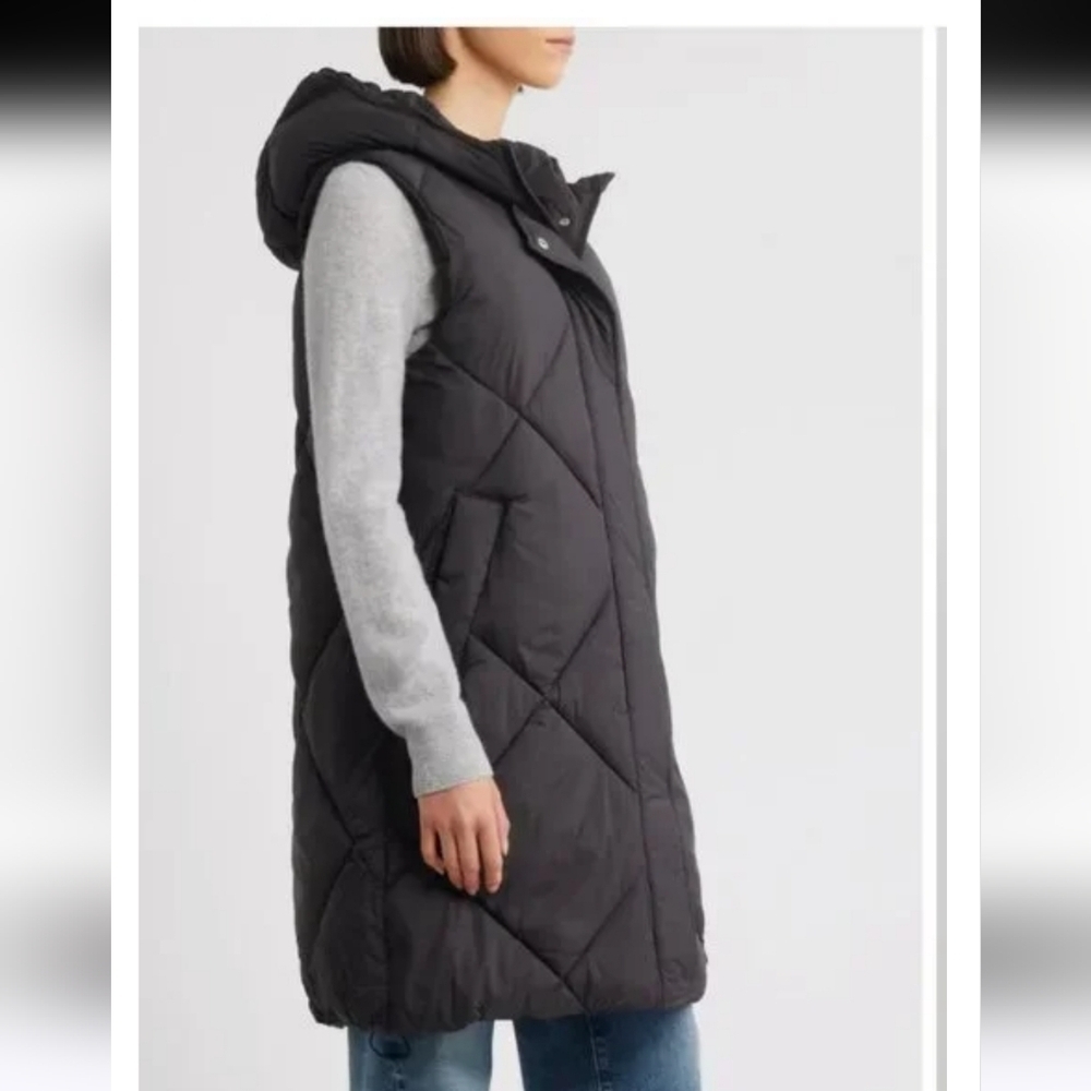 NWT Sam Edelman Women's Black Hooded Quilted Long Puffer Vest Sz.XXS